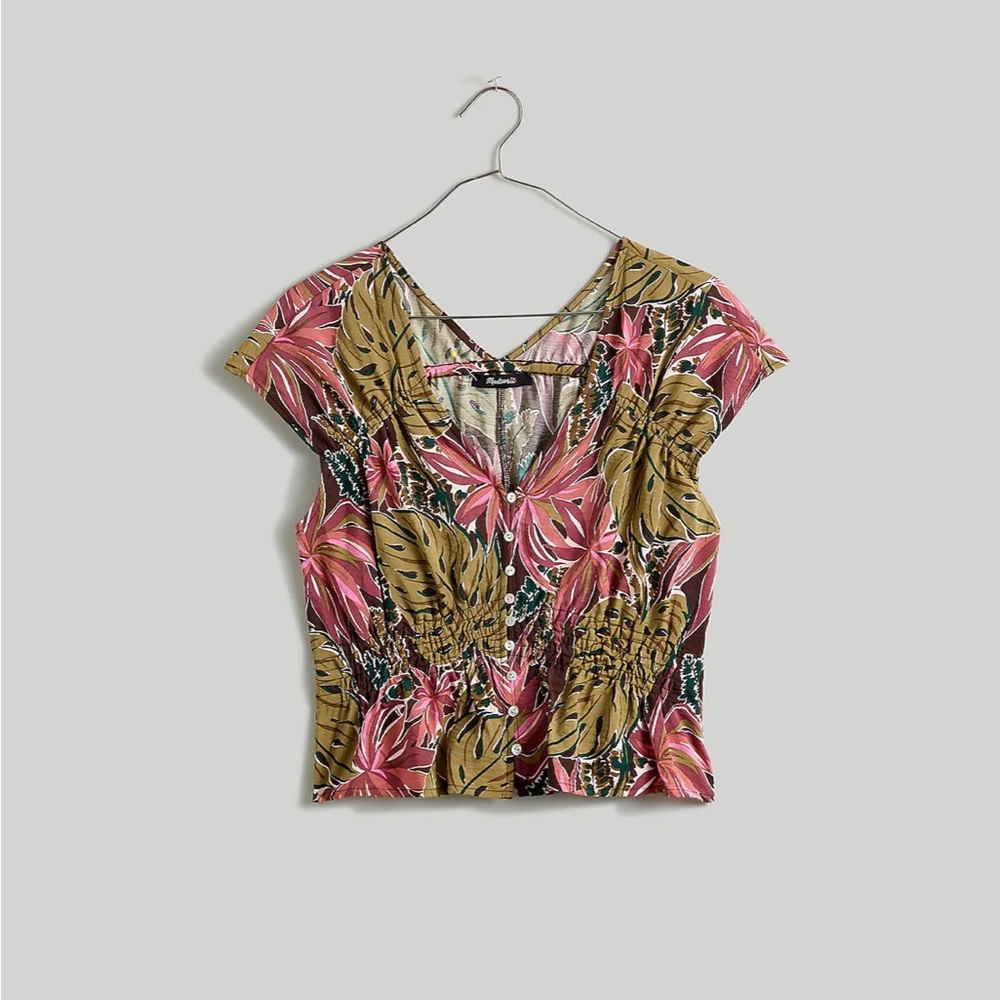 Madewell Shirred Cap-Sleeve Top in Brushstroke Monstera sz S NL043 - Picture 1 of 7